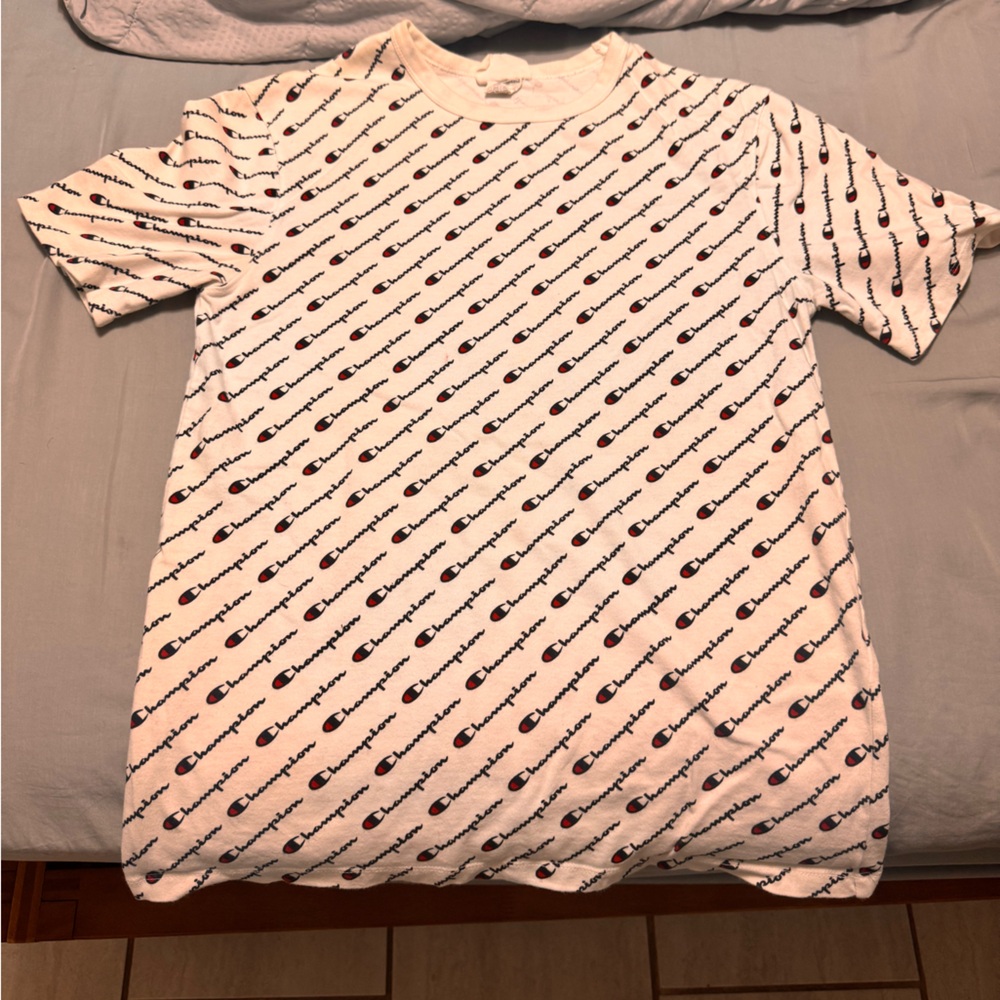 Champion White T-Shirt with Black and Red Script